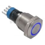 Przycisk sterujący; wandaloodporny; stabilny; metalowy; podświetlanie LED 12V; krawędziowe niebieskie; NO- NC; 3A/ 250VAC; płaskie czoło; średnica montażu 16mm