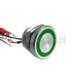 Przycisk sterujący wandaloodporny; monostabilny; aluminium; podświetlanie LED 3-24V; zielone; NO piezoelektryczny; płaskie czoło; średnica montażu 22mm